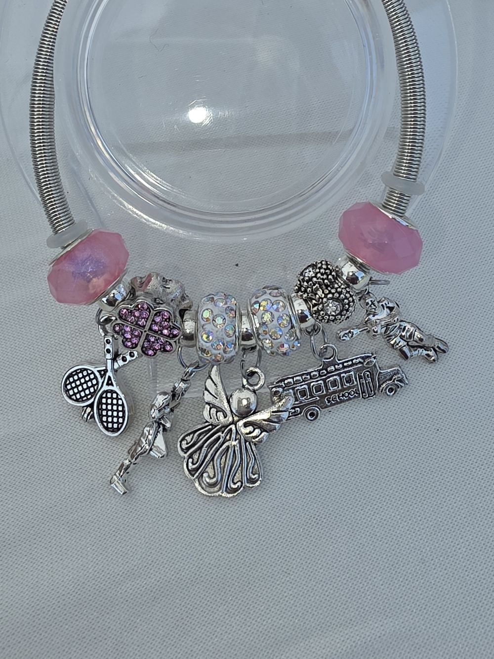 Pink Beaded Silver Charm Bracelet with Angel, School Bus & Tennis Charms